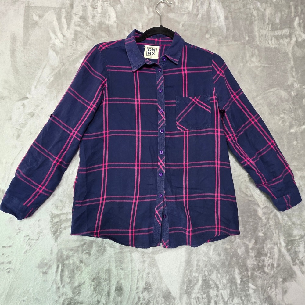 DNMX Womens Navy Blue‎ Pink Plaid Long Sleeve Button Down Cotton Shirt Small